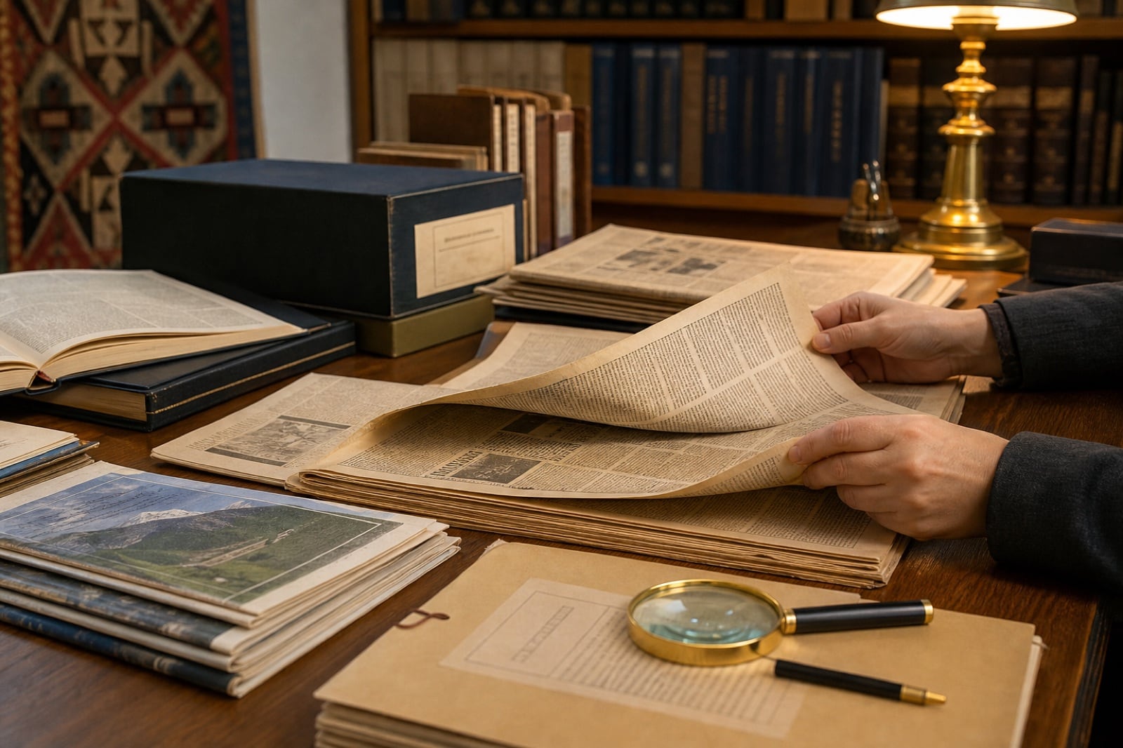 A desk with archive documents and art prints
