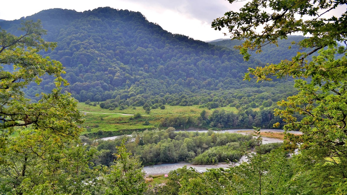 Historic stone towers among mountains in the North Caucasus