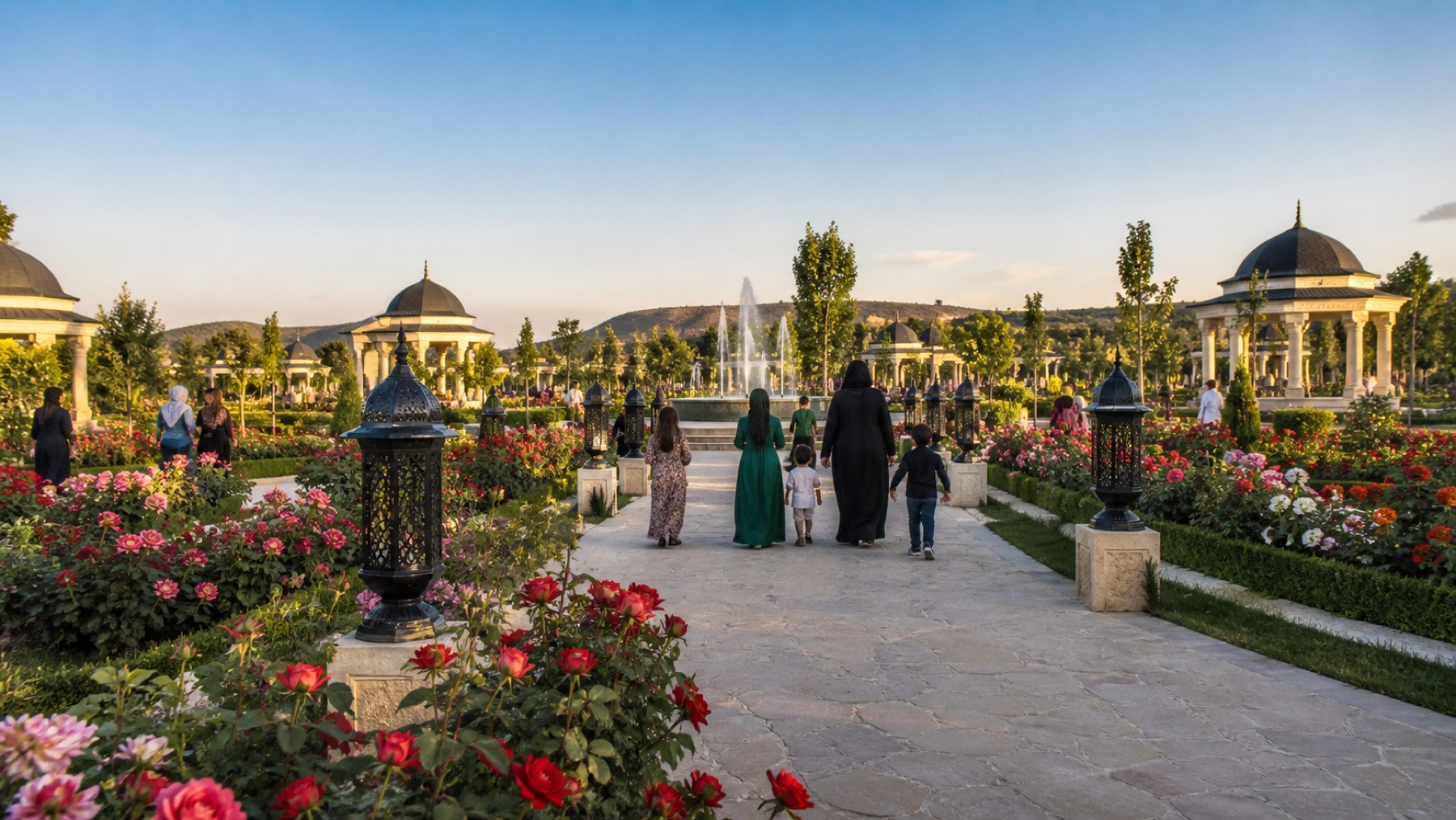 Gül bahçeleri, çeşmeler ve akşam ışığı